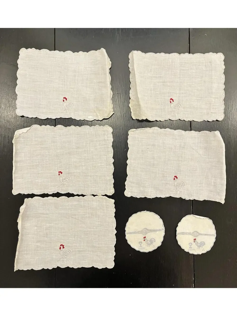 Vintage Linen Cocktail Napkins Set of 5 Embroidered Rooster 2 Coasters Barware